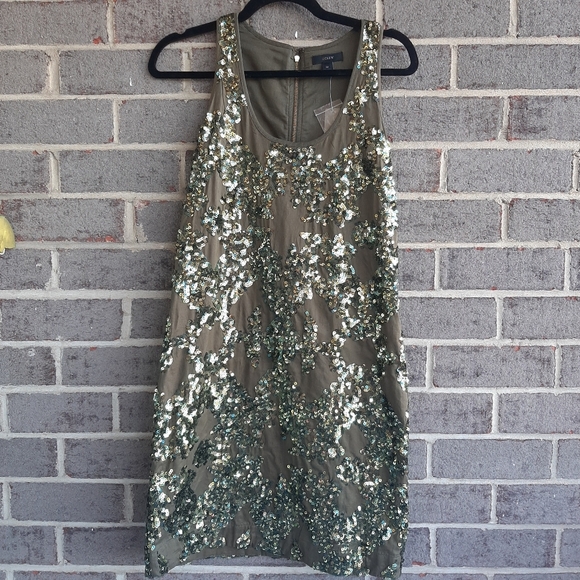 J.Crew Iridescent Sequin Shift Mini Dress Olive Green Size 00 100% Cotton - Picture 2 of 7